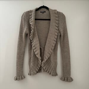 Elisabetta Collection Women's Dark Beige Ruffled Tie Front Ribbed Carigan Size M